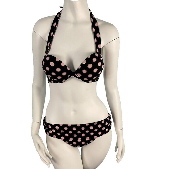 Victorias Secret Bombshell Add-2-Cups Bikini Set 34B Top-M Black Pink Polka Dots - Picture 1 of 15